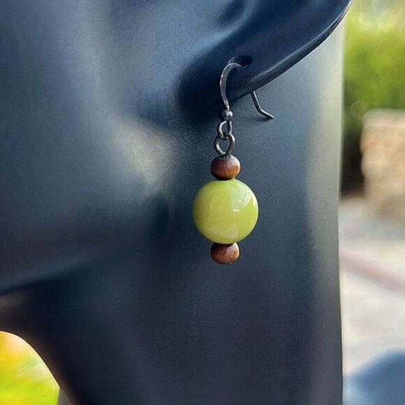 Cute Green Bead & Wood Drop Earrings - Picture 1 of 6